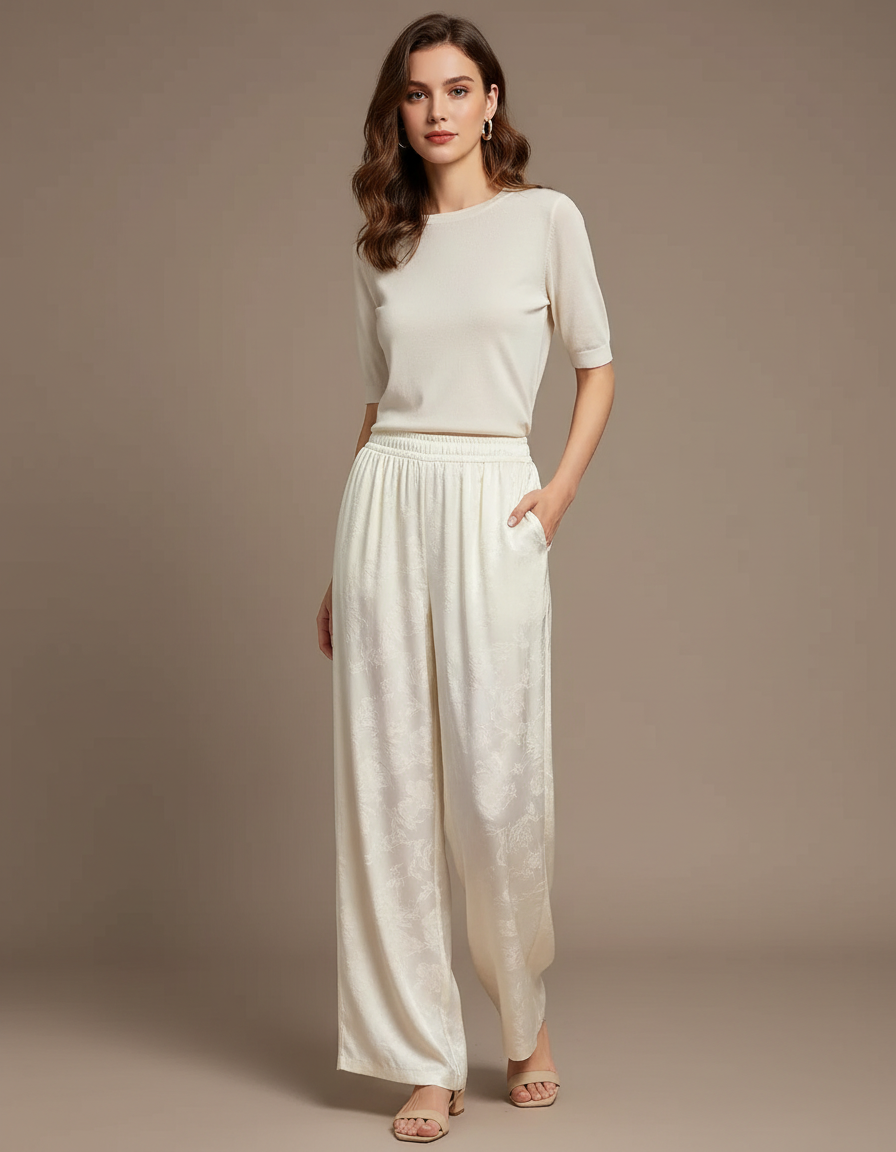 Pantalon Chinois Crème Satin Fluide Ample Imprimé Élégant - Beige