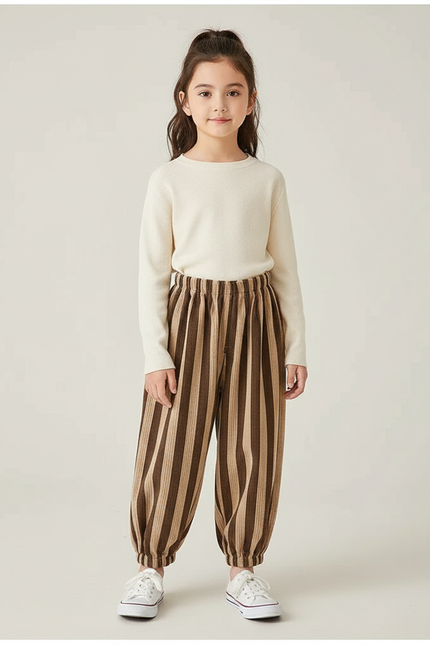 Pantalon Chinois Rayé Marron Ample Cordon Enfants - Cordé