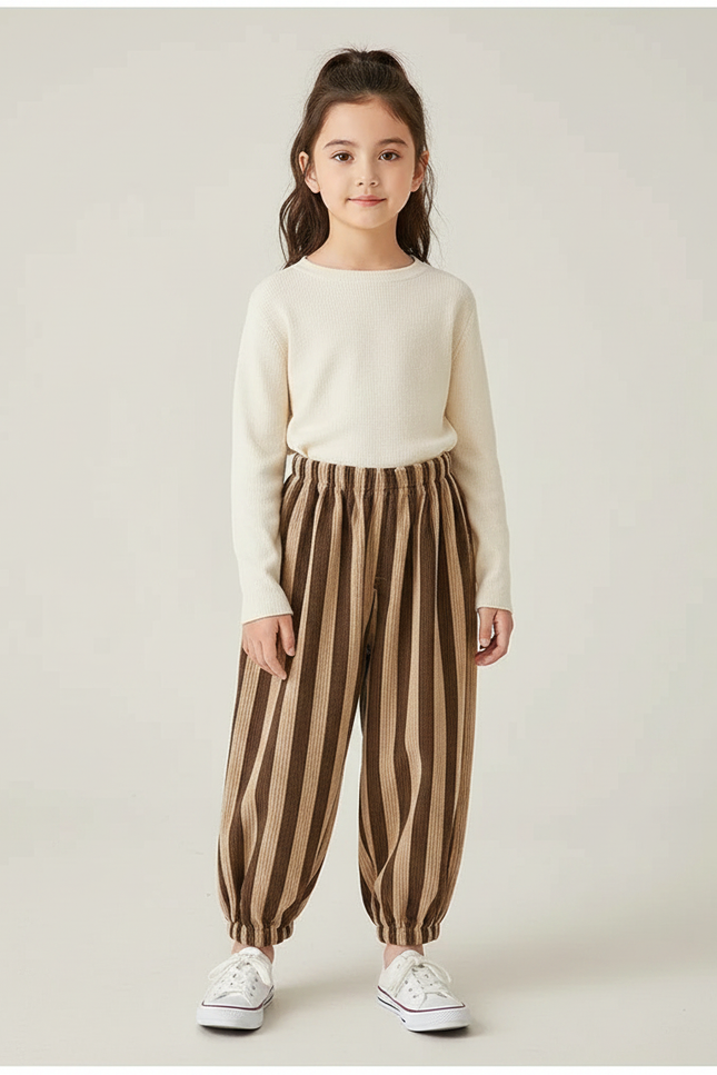 Pantalon Chinois Rayé Marron Ample Cordon Enfants - Cordé