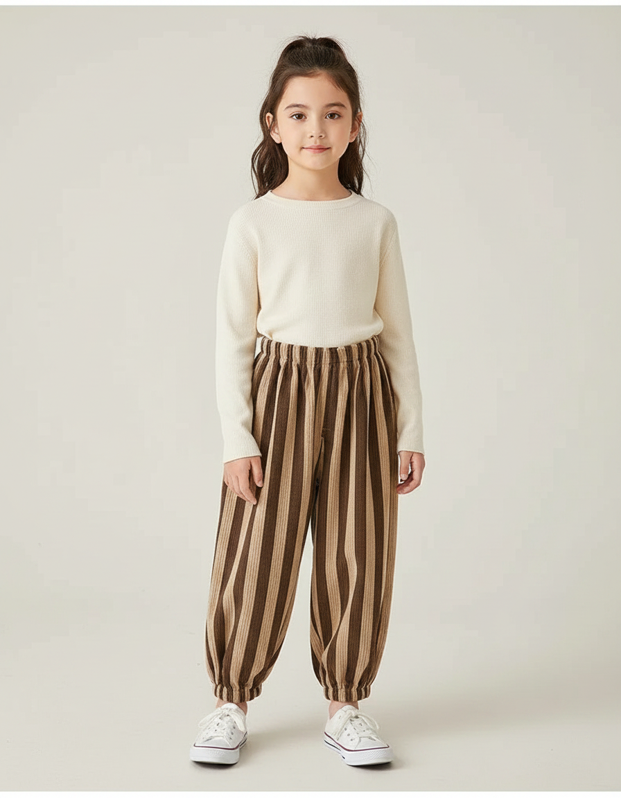 Pantalon Chinois Rayé Marron Ample Cordon Enfants - Cordé