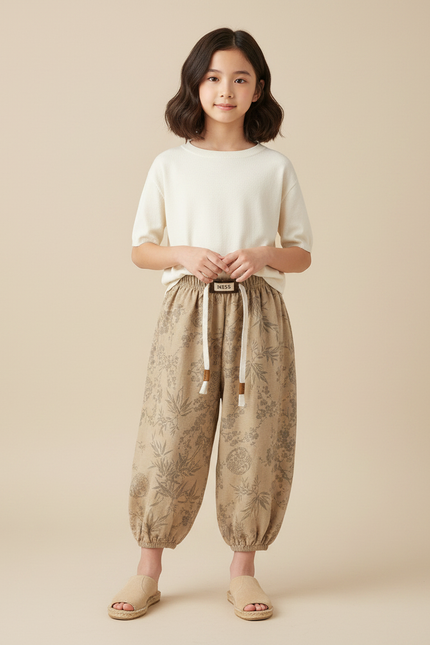 Pantalon Chinois Beige Motif Floral Ample Coton Enfant