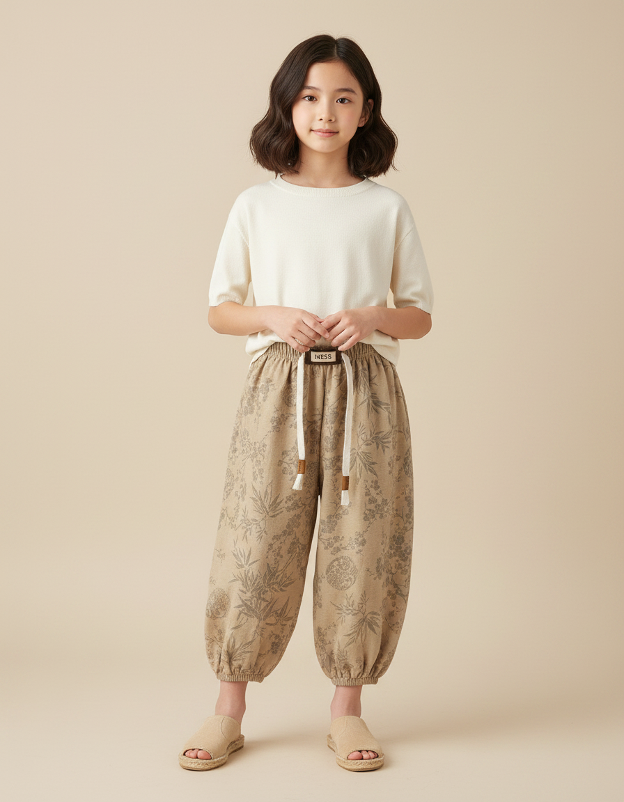 Pantalon Chinois Beige Motif Floral Ample Coton Enfant