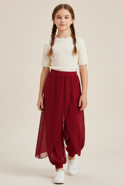 Pantalon Chinois Rouge Fendu Fluide Harem Fille - Bordeaux Polyester