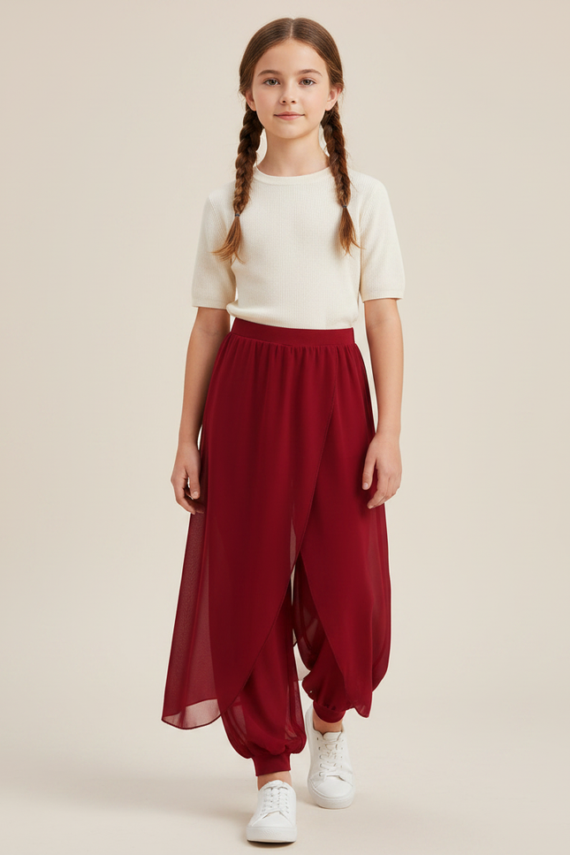 Pantalon Chinois Rouge Fendu Fluide Harem Fille - Bordeaux Polyester