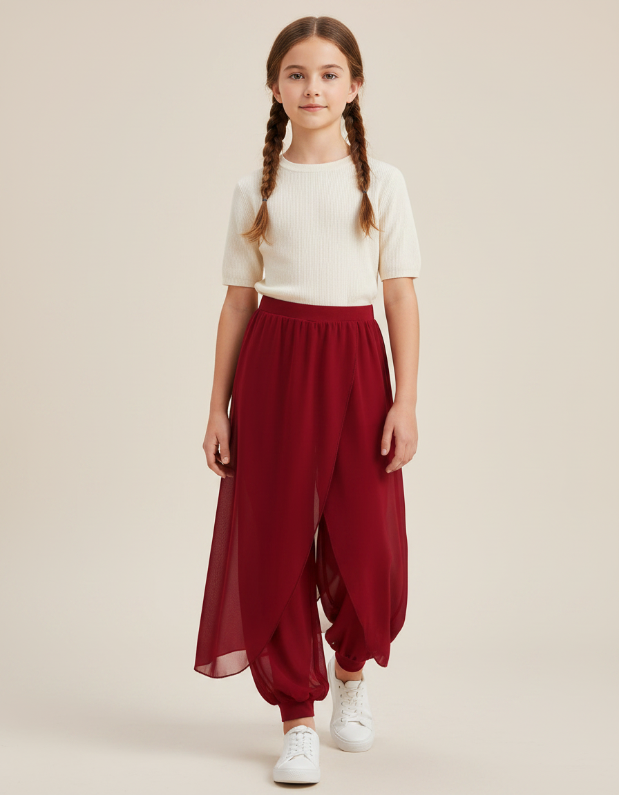 Pantalon Chinois Rouge Fendu Fluide Harem Fille - Bordeaux Polyester