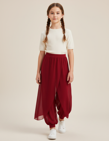 Pantalon Chinois Rouge Fendu Fluide Harem Fille - Bordeaux Polyester