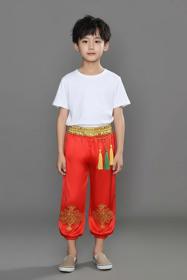 Pantalon Chinois Rouge Satiné Brodé Ample Enfant