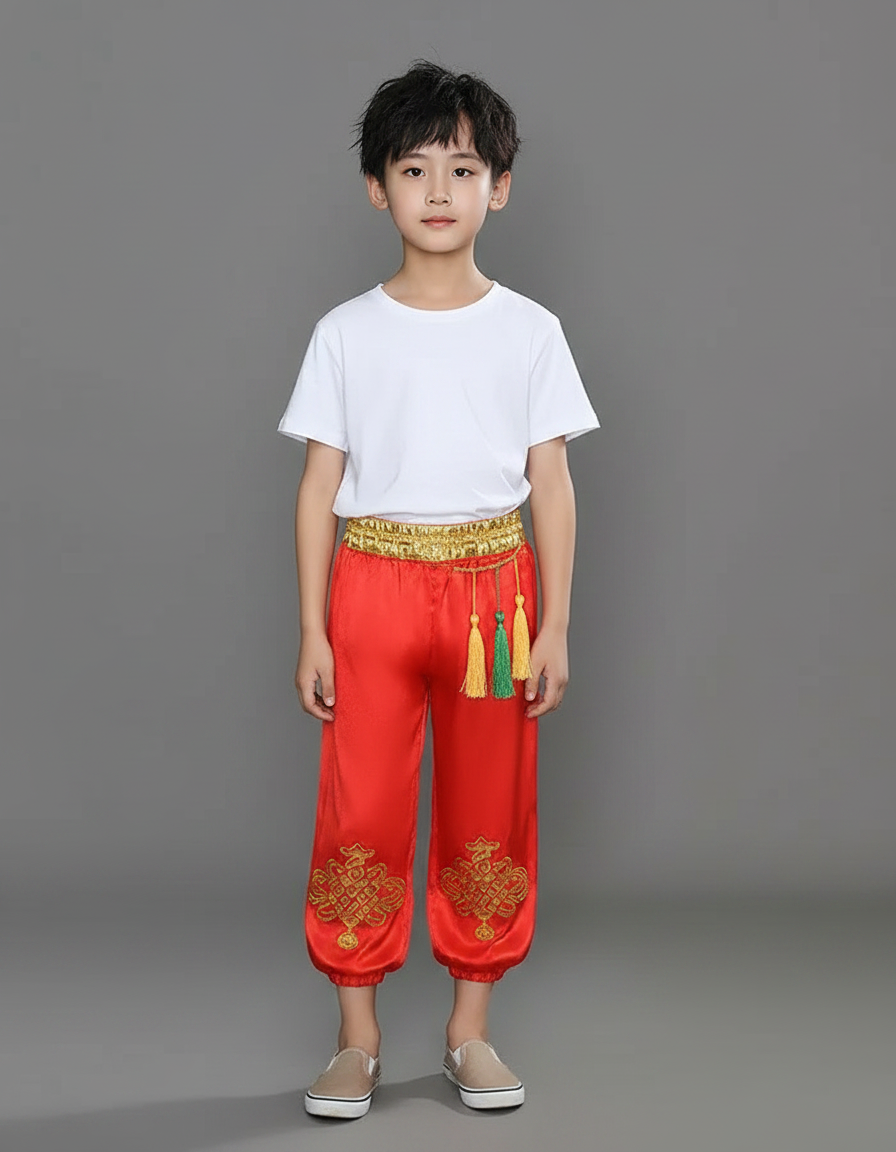 Pantalon Chinois Rouge Satiné Brodé Ample Enfant