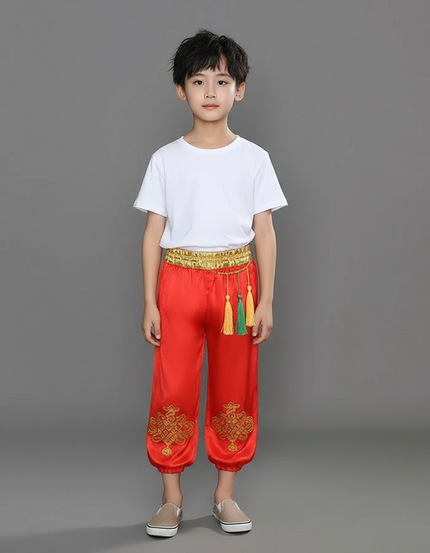 Pantalon Chinois Rouge Satiné Brodé Ample Enfant