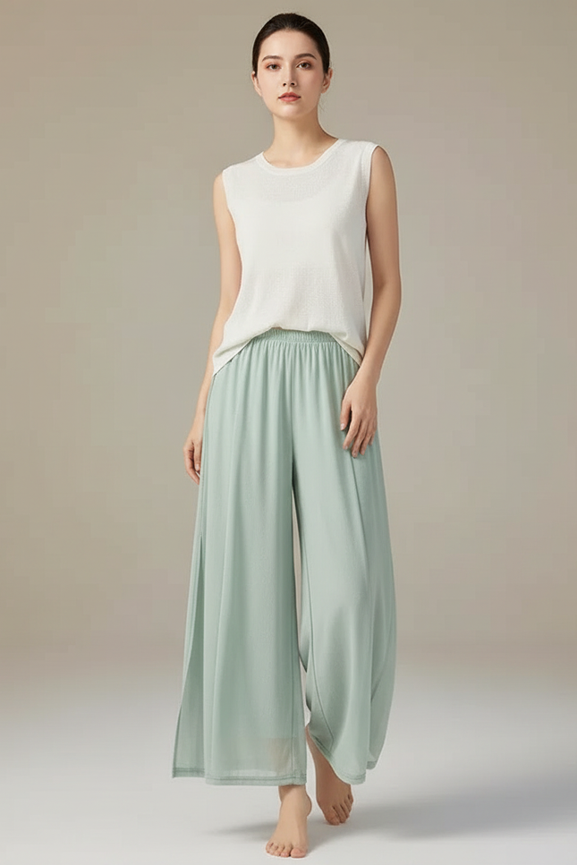 Pantalon Chinois Fluide Vert Ample Léger Femme - Viscose
