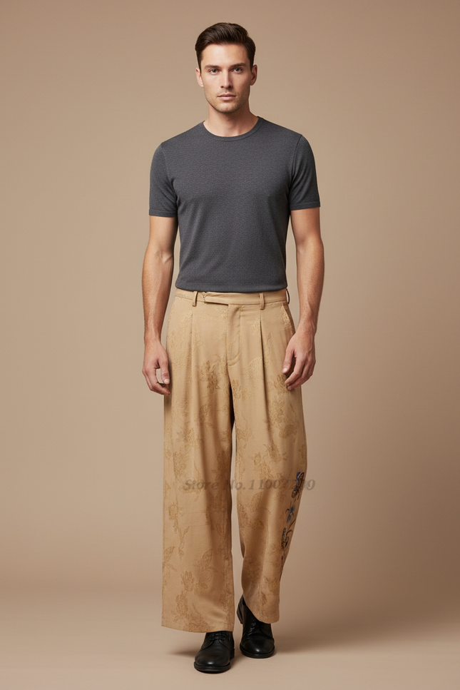 Pantalon Chinois Beige Brodé Jacquard Ample Vintage - Polyester