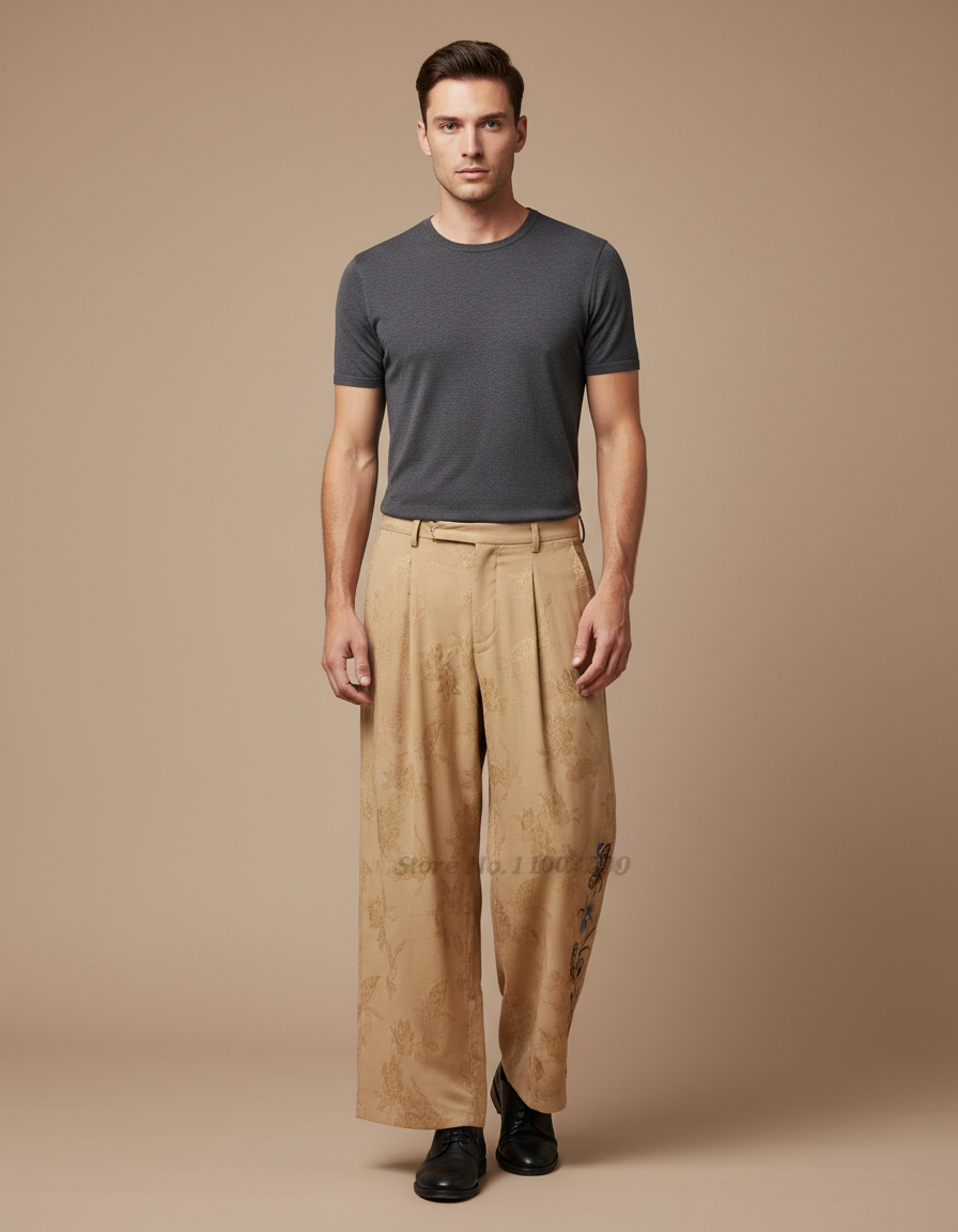 Pantalon Chinois Beige Brodé Jacquard Ample Vintage - Polyester