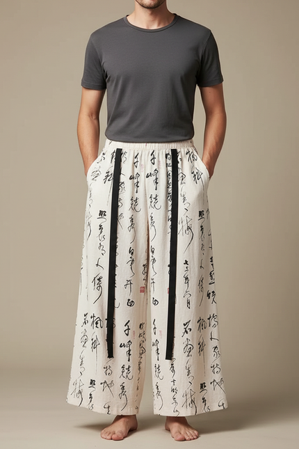 Pantalon Chinois Écru Ample Calligraphie Noire Homme - Beige Lin