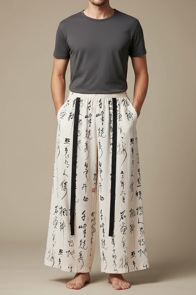 Pantalon Chinois Écru Ample Calligraphie Noire Homme - Beige Lin