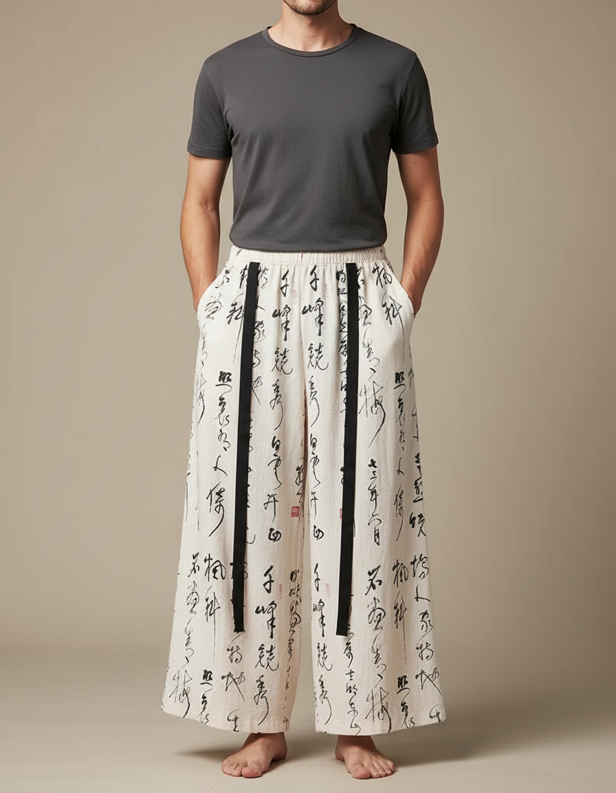Pantalon Chinois Écru Ample Calligraphie Noire Homme - Beige Lin