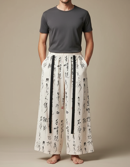 Pantalon Chinois Écru Ample Calligraphie Noire Homme - Beige Lin