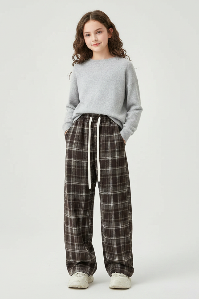 Pantalon Chinois Carreaux Marron Ample Décontracté Coton - Laine