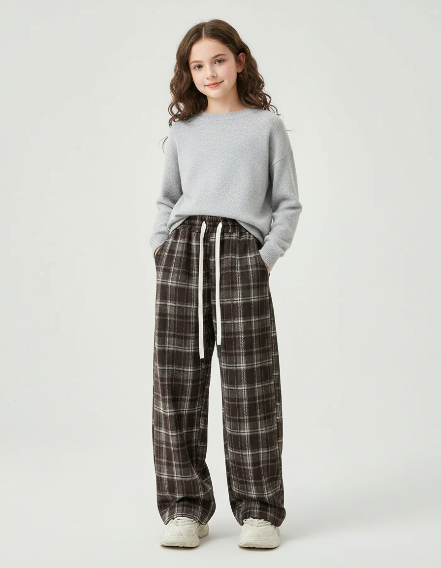 Pantalon Chinois Carreaux Marron Ample Décontracté Coton - Laine
