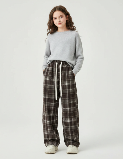 Pantalon Chinois Carreaux Marron Ample Décontracté Coton - Laine