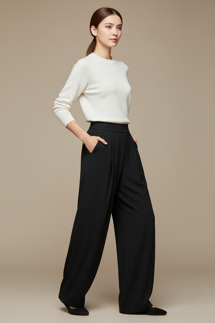 Pantalon Chinois Femme Noir Ample Soie - Polyester