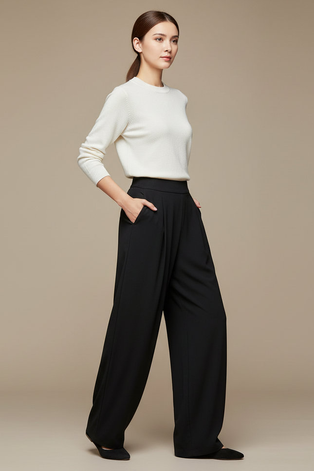 Pantalon Chinois Femme Noir Ample Soie - Polyester