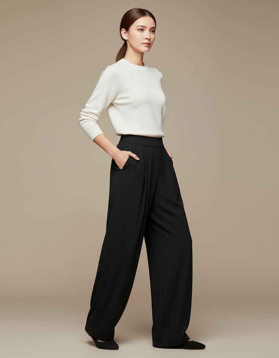 Pantalon Chinois Femme Noir Ample Soie - Polyester