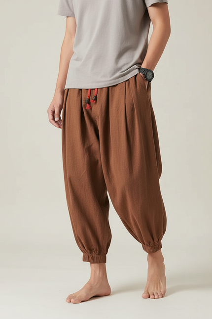 Pantalon Chinois Harem Coton Lin Marron Ample Homme