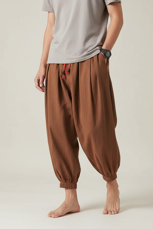 Pantalon Chinois Harem Coton Lin Marron Ample Homme