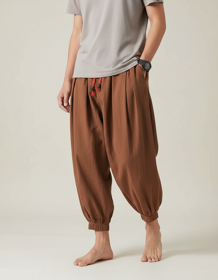 Pantalon Chinois Harem Coton Lin Marron Ample Homme