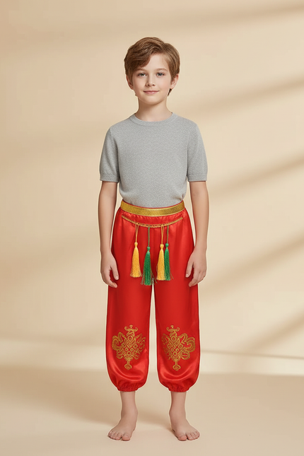Pantalon Chinois Rouge Satiné Brodé Ample Tassels Enfant