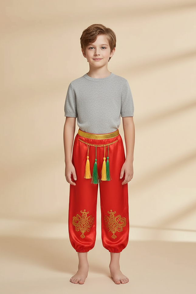 Pantalon Chinois Rouge Satiné Brodé Ample Tassels Enfant