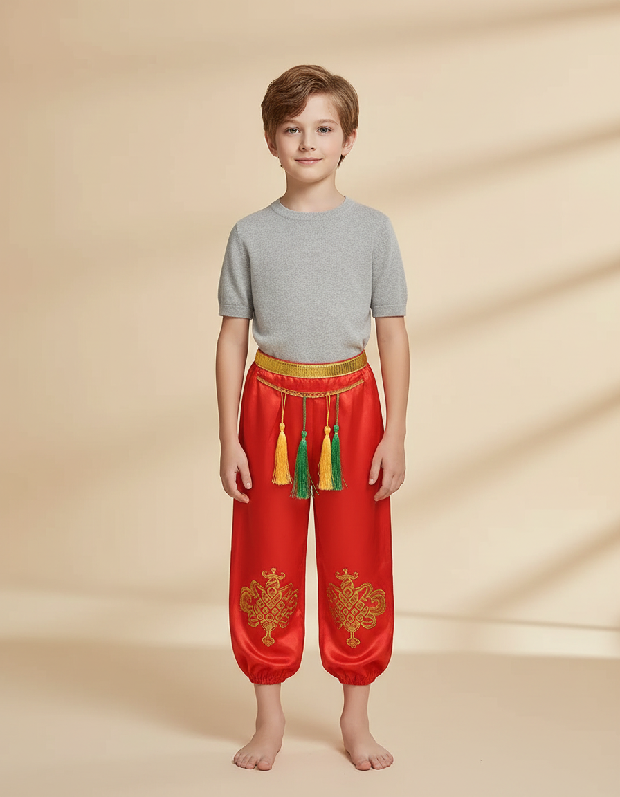 Pantalon Chinois Rouge Satiné Brodé Ample Tassels Enfant