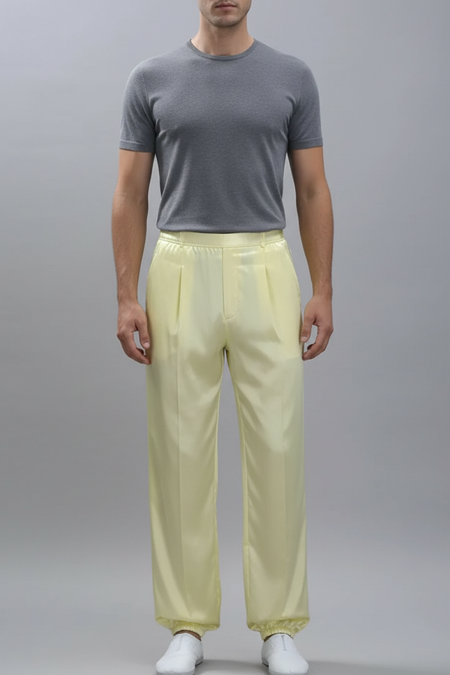 Pantalon Chinois Jaune Satiné Ample Élastiqué Homme