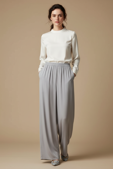 Pantalon Chinois Gris Fluide Ample Élégant Femme - Viscose