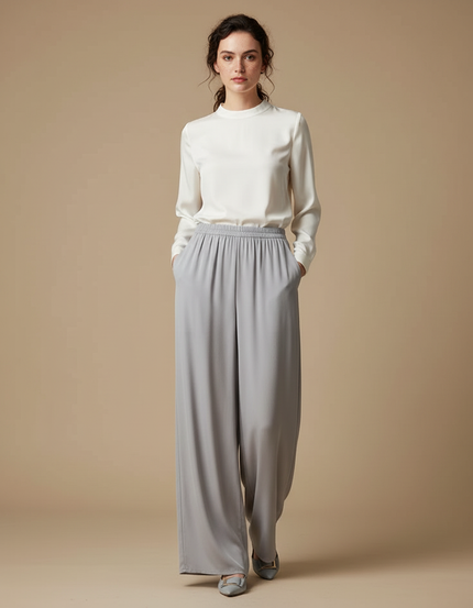 Pantalon Chinois Gris Fluide Ample Élégant Femme - Viscose