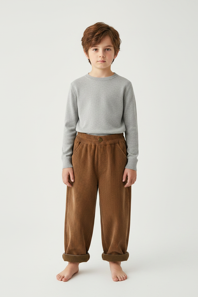 Pantalon Chinois Marron Côtelé Ample Enfant Doux - Cordé
