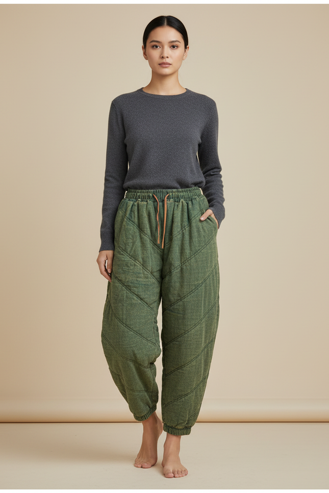 Pantalon Chinois Matelassé Vert Ample Coton Harem