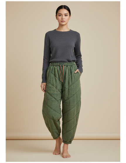 Pantalon Chinois Matelassé Vert Ample Coton Harem