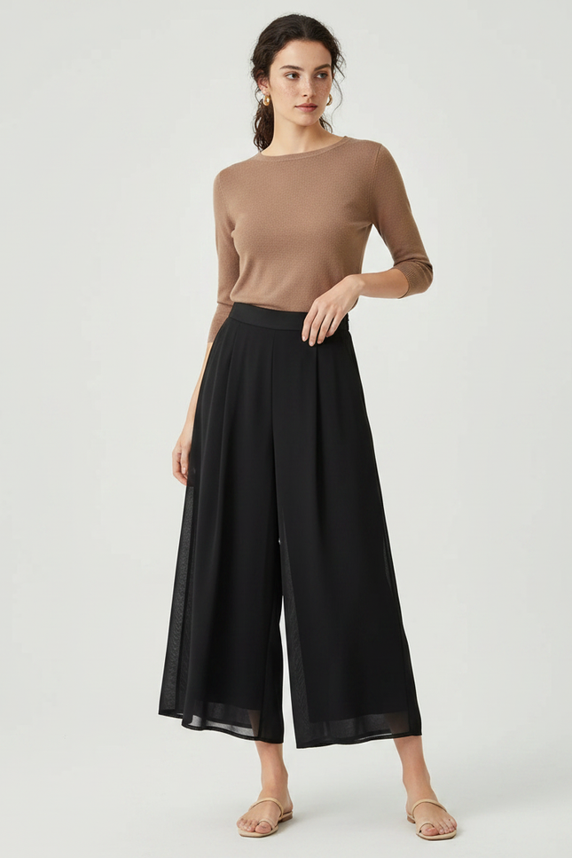 Pantalon Chinois Noir Ample Fluide Superposé Femme - Polyester