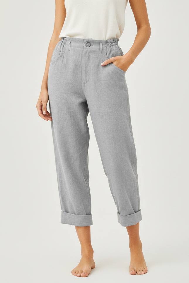 Pantalon Chinois Gris Clair Ample Coton Lin