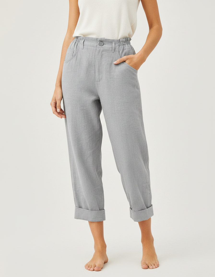 Pantalon Chinois Gris Clair Ample Coton Lin