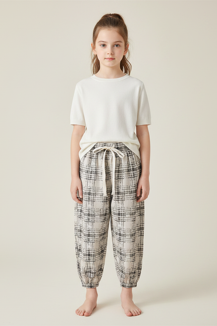 Pantalon Chinois Carreaux Amples Enfant Doux Coton - Beige