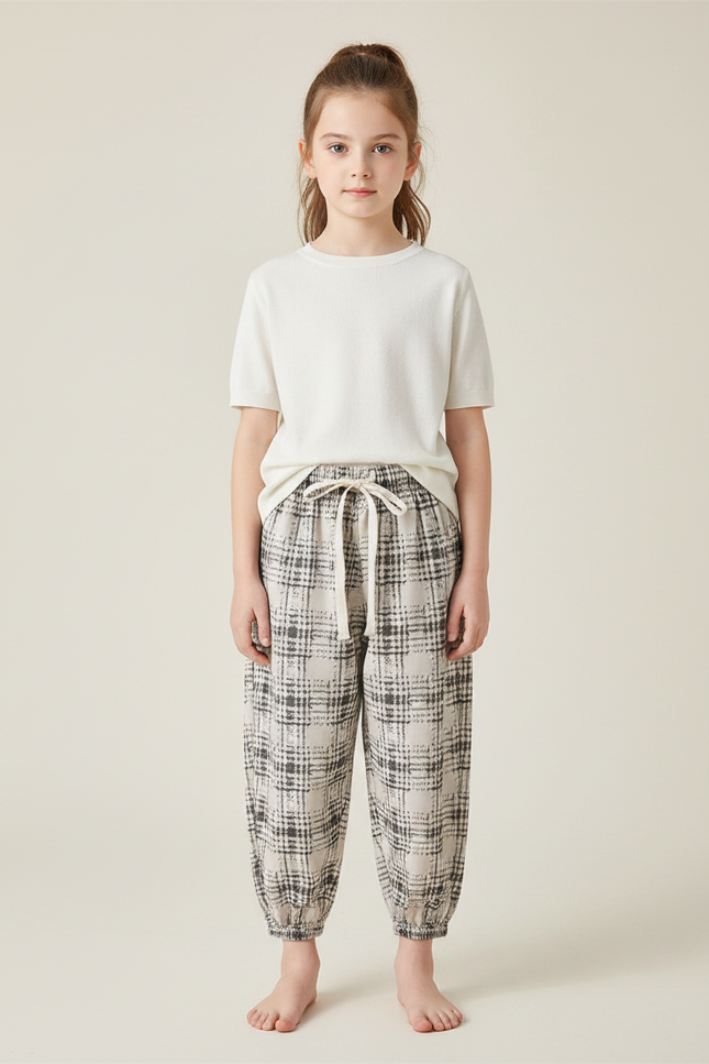 Pantalon Chinois Carreaux Amples Enfant Doux Coton - Beige