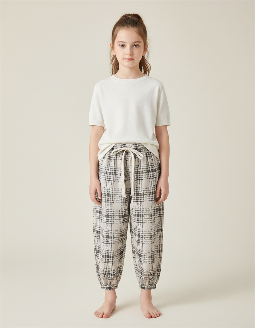 Pantalon Chinois Carreaux Amples Enfant Doux Coton - Beige