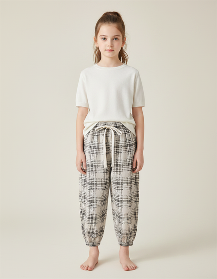 Pantalon Chinois Carreaux Amples Enfant Doux Coton - Beige