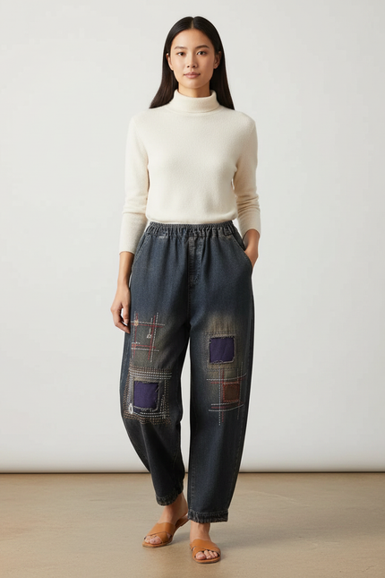 Pantalon Chinois Denim Ample Patchwork Brodé Vintage - Marine Jean