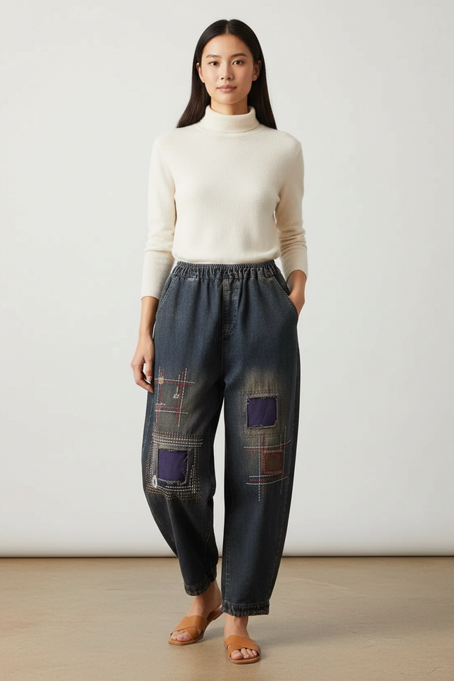 Pantalon Chinois Denim Ample Patchwork Brodé Vintage - Marine Jean
