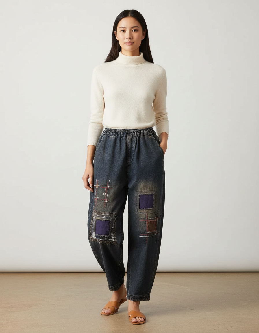 Pantalon Chinois Denim Ample Patchwork Brodé Vintage - Marine Jean