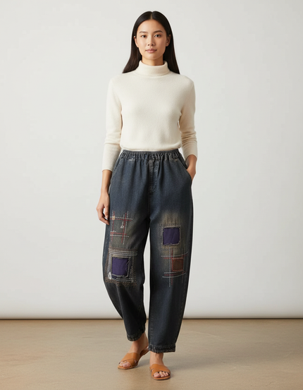 Pantalon Chinois Denim Ample Patchwork Brodé Vintage - Marine Jean