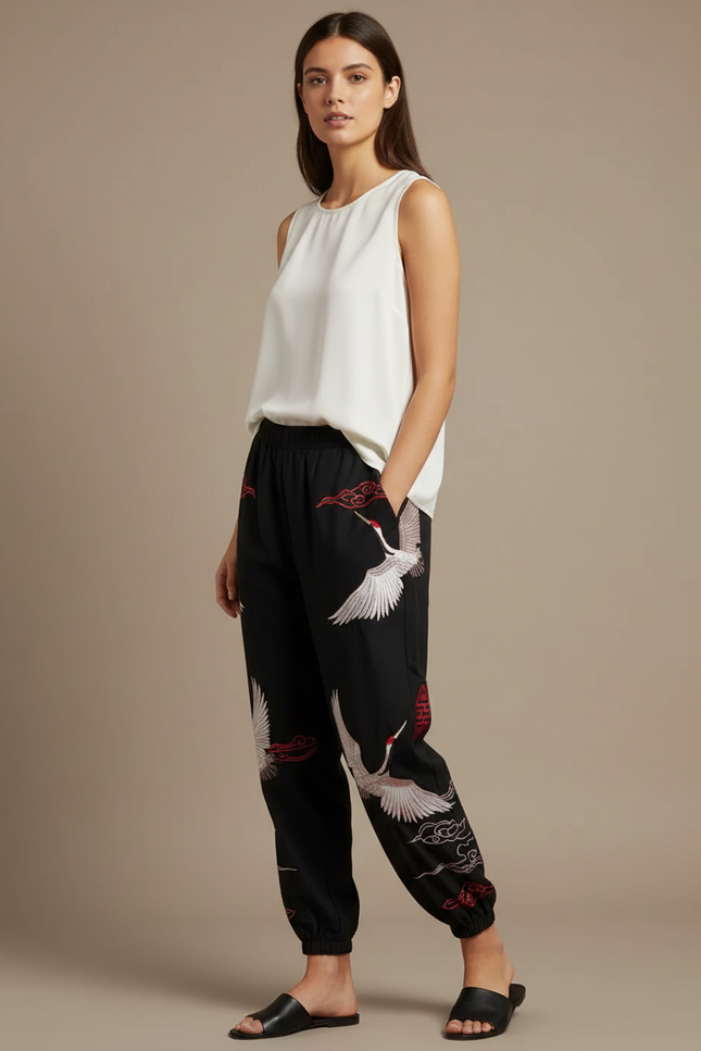 Pantalon Chinois Femme Noir Ample Satin - Viscose